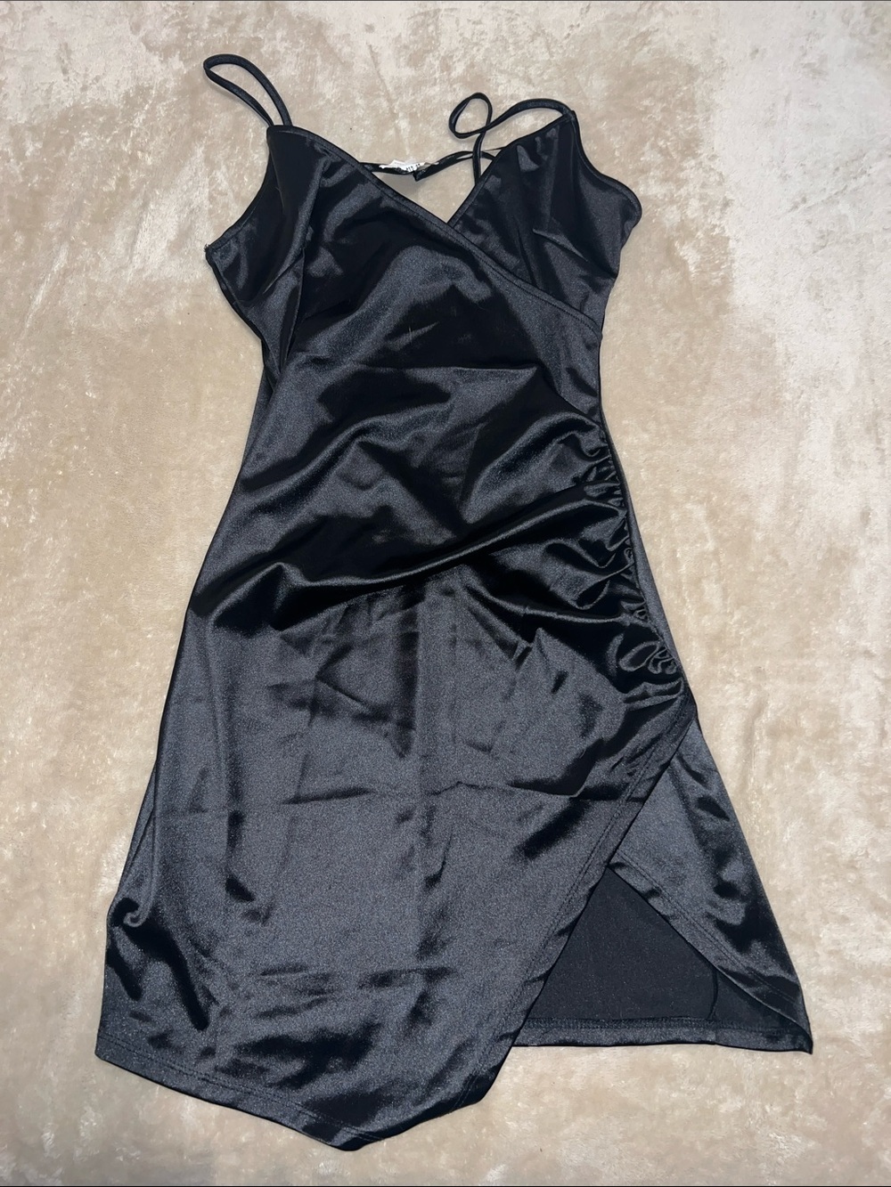 One-Shoulder Black Satin Wrap Dress